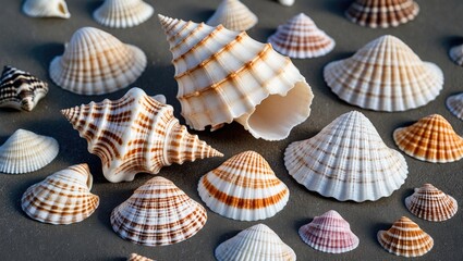 Poster - Variety of Beautiful Seashells Displayed on Surface with Blank Space for Custom Text or Branding