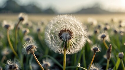 Poster - Dandelion Field with Soft Focus and Copy Space for Text in Morning Light
