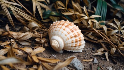 Poster - Tropical foliage with dry leaves and a conch shell resting on the ground, capturing nature's earthy textures and colors.