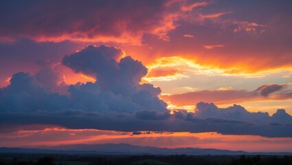 Poster - Dramatic Sunset Over Colorful Clouds Illuminating the Sky and Landscape at Dusk