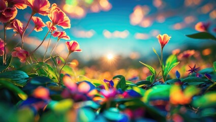 Poster - Vibrant macro shot of colorful flowers in nature with soft bokeh effect and warm sunlight creating a serene and magical atmosphere.