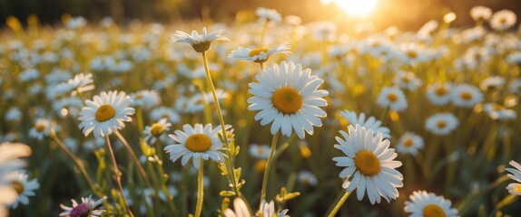 Poster - Daisies Blooming in Warm Golden Light on Sunny Field at Sunset