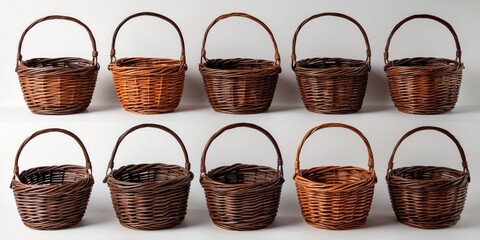 Poster - Set of Ten Brown Wicker Baskets Isolated on White Background with Space for Text Stylish Storage Solutions for Home or Event Decor