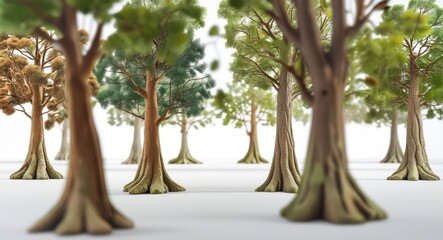 Poster - Diverse Collection of Lifelike Trees Isolated on White Background with Ample Space for Text and Creative Design Elements