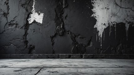 Poster - Textured gray grunge concrete wall with black paint splatters and cracks creating an aged industrial background for design projects.