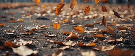 Poster - Falling Dry Deciduous Leaves Creating a Natural Carpet on the Ground with Space for Text Integration