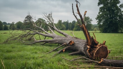 Poster - Fallen tree trunk on lush grass field surrounded by greenery showcasing the beauty of nature's decay and environmental change.