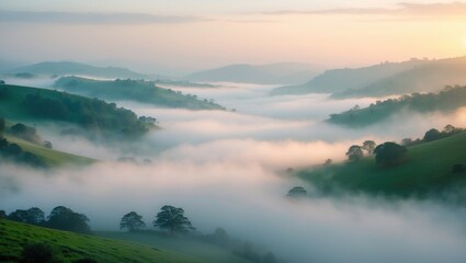Poster - Misty Landscape with Rolling Hills and Fog Bathed in Soft Morning Light Ideal for Text Overlay or Inspirational Quotes