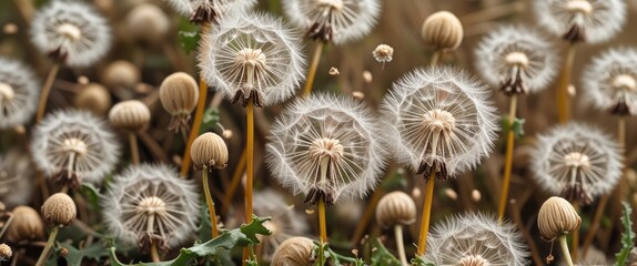 Poster - Dandelion Seeds Flourishing in Nature with Soft Focus on Delicate White Puffs and Green Background for Natural Aesthetic Backgrounds