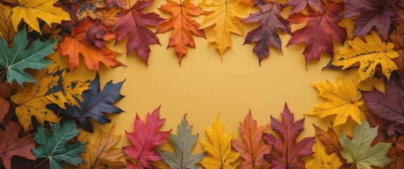Poster - Vibrant Autumn Leaves Bordering a Yellow Background with Space for Text and Creative Design Elements