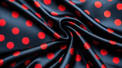 Poster - Silky black fabric with vibrant red polka dots creating a luxurious and charming texture ideal for design projects and digital wallpapers.
