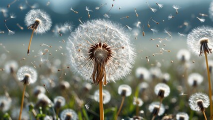 Poster - Delicate Dandelion Seeds Dancing in the Breeze Against a Serene Natural Background