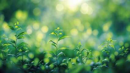 Poster - Lush Green Leaves with Soft Bokeh Background Creating a Tranquil Nature Scene Perfect for Wellness and Relaxation Themes