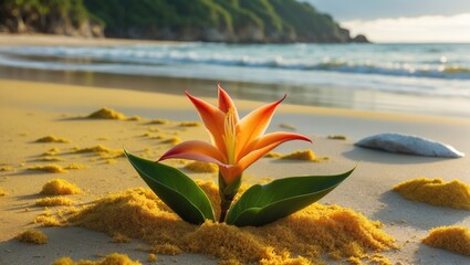 Poster - Exotic Flower Blooming on Sandy Beach with Vibrant Colors and Tranquil Seaside Background Ideal for Nature and Relaxation Themes