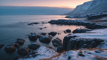 Poster - Winter Coastal Serenity at Hvoll Evening Light on Snow-Covered Rocks by the Shoreline Reflecting Soft Twilight Colors