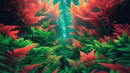 Poster - Vibrant fern foliage with lush green and fiery red hues creating a surreal and enchanting garden atmosphere in natural light.