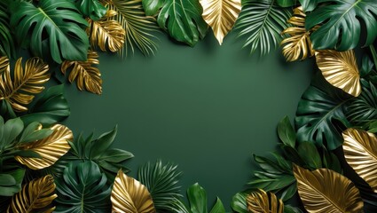 Poster - Tropical Leaf Frame with Gold and Green Foliage Background for Creative Design and Text Placement in Nature Inspired Theme