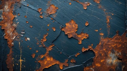Poster - Rusty slate texture with intricate stains and defects showcasing an aged, weathered appearance ideal for backgrounds or design elements.
