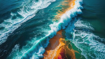 Poster - Vivid Aerial View of Sea Waves with Colorful Patterns on Shoreline and Space for Text or Branding