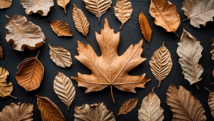 Poster - Assorted Dried Tree Leaves on Dark Background Natural Texture for Autumn or Seasonal Design Concepts