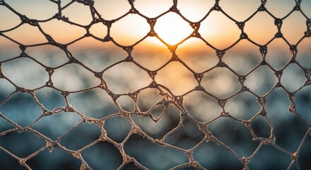Poster - Abstract sunset view through a fishing net creating a soft defocused background in warm hues and tranquil patterns.