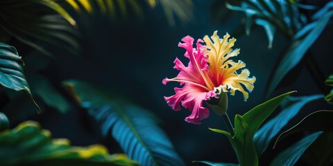 Poster - Vibrant Tropical Flower Amidst Lush Dark Foliage with Space for Text and Natural Serenity