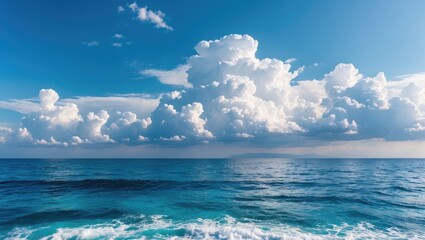 Poster - Scenic View of Fluffy White Clouds Above Calm Blue Sea Waves at a Popular Adriatic Coastline Tourist Destination