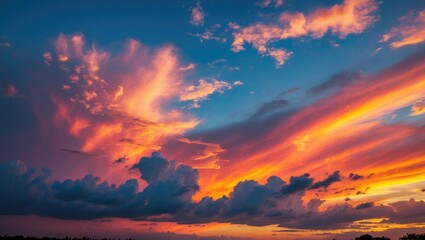 Poster - Vibrant sunset sky with dramatic clouds showcasing a spectrum of colors creating a picturesque and serene evening atmosphere.