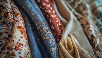 Poster - Textured fabric close-up showcasing a variety of intricate patterns and colors perfect for backgrounds or design projects.