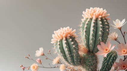 Poster - peach fuzz cactus closeup against neutral background floral composition minimalist design with copy 