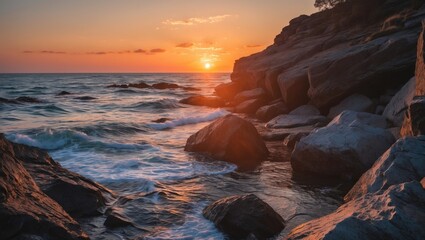 Poster - Serene Ocean Sunset Illuminating Rocky Shoreline with Gentle Waves and Dramatic Sky