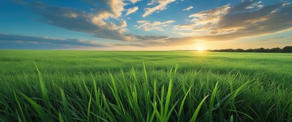 Poster - Lush green grass field under a vibrant sunset sky with scattered clouds and warm golden light illuminating the serene landscape.
