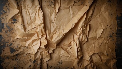 Poster - Crumpled vintage beige paper background with textures and spots ideal for creative projects, wallpapers, or advertising needs.