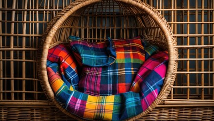 Poster - Colorful plaid blankets arranged in a large wicker basket creating a cozy and inviting home decor setting.