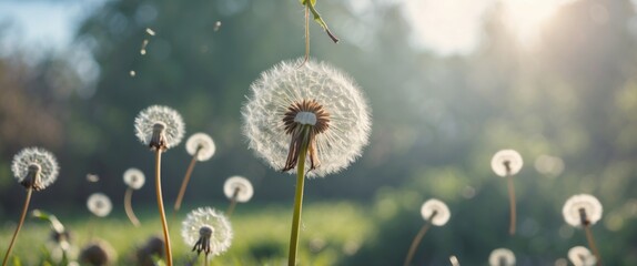 Poster - Dandelion Seeds Floating in a Sunlit Garden with Soft Focus Background and Space for Text or Copy