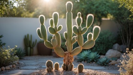 Poster - Majestic cactus tree illuminated by sunlight in a serene garden setting with clear space for text or design overlay.