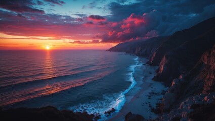Poster - Vibrant Coastal Sunset Over Ocean Waves with Dramatic Sky and Empty Space for Text Addition