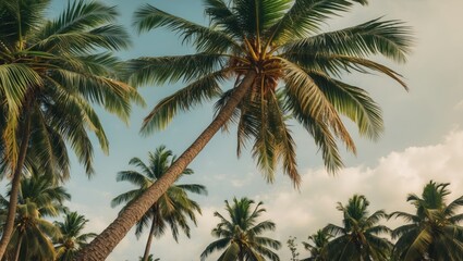Poster - Coconut Palm Trees Against a Clear Sky in Vintage Style with Ample Space for Text Creation and Tropical Aesthetic
