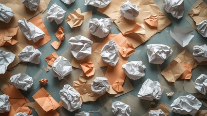Poster - Dynamic flat lay of crumpled paper sheets in varying colors creating an artistic and creative background ideal for design and conceptual projects.