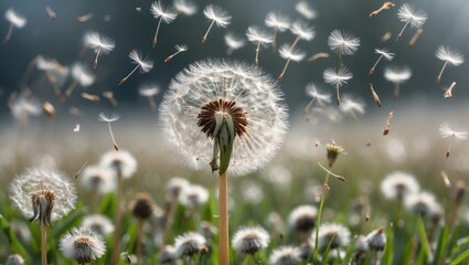 Poster - Scenic Close-Up of Dandelion Seeds Being Dispersed by the Wind in a Lush Green Field on a Sunny Day