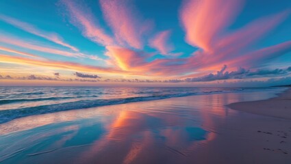 Poster - Serene Ocean Sunset with Vibrant Reflections and Colorful Sky Over Tranquil Beach in Early Morning Hours Before Sunrise