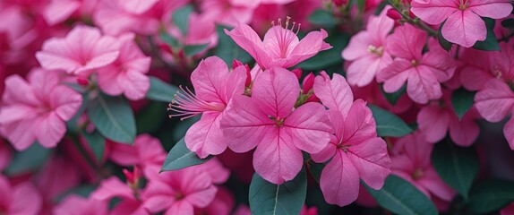 Wall Mural - Vibrant Pink Bougainvillea Flowers in Bloom with Lush Green Leaves and Space for Custom Text or Messaging