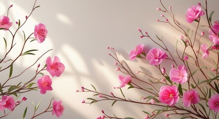 Poster - Elegant floral arrangement featuring pink flowers and twigs against a soft background, perfect for adding beauty and style to any design.