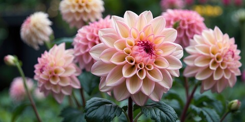 Poster - Beautiful Creamy Pink Dahlia Blossoms Captured in Garden Close-Up with Green Foliage and Space for Text Overlay