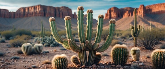 Poster - Cylindropuntia Munzii Cactus Against Desert Landscape with Empty Space for Text and Natural Backdrop of Rocky Mountains and Vegetation