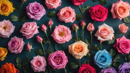 Poster - Colorful Rose Flower Arrangement with Fresh Blooms and Green Leaves on Dark Background Suitable for Decorative Text and Marketing Materials
