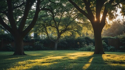 Poster - Serene afternoon scene of sunlit trees casting shadows on a lush green lawn in a tranquil backyard setting.