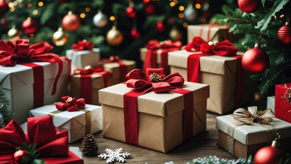 Canvas Print - Festively decorated Christmas gift boxes under the tree surrounded by ornaments and holiday decorations creating a warm winter atmosphere