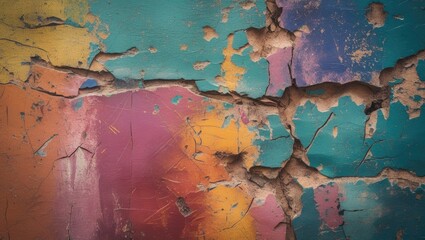 Poster - Scratched vintage wall with vibrant colors and textures creating an artistic background for design and media use.
