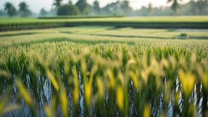 Poster - Lush green rice field with blurred background showcasing agricultural beauty and serene nature in soft morning light.